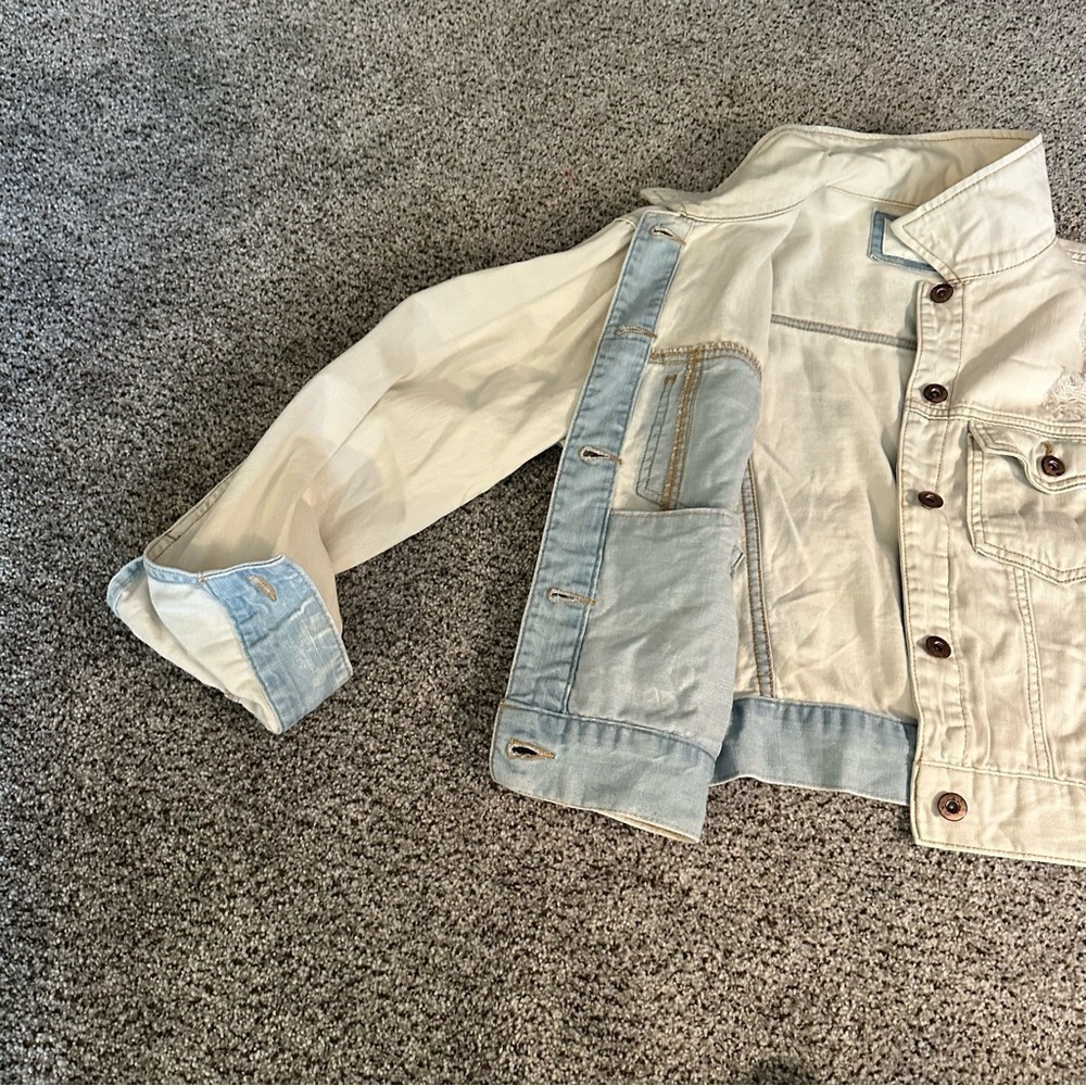 FOREVER 21 M Bleached Denim Jean Jacket Distressed Rips R $35 - Picture 10 of 14